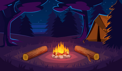 Bonfire in forest. Night glade with campfire, camping tent and logs for sitting, evening landscape, outdoor vacation. Adventure hiking tourism. Cartoon flat isolated tidy vector concept © YummyBuum