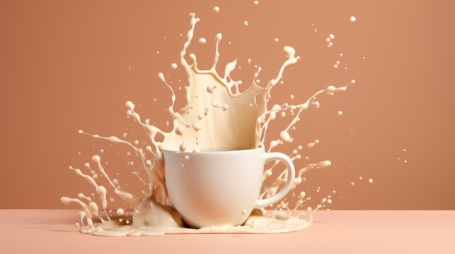  a cup of milk splashing out of it's side into the air with a splash of milk on top of it.
