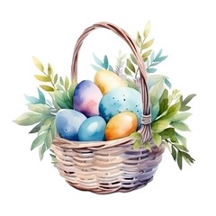 Eater basket with colorful drawn eggs for holiday card watercolor paint