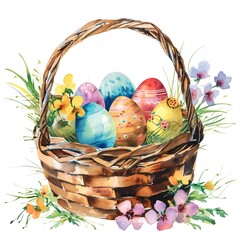 Eater basket with colorful drawn eggs for holiday card watercolor paint