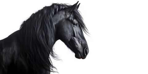 A black horse with long hair standing in front of a white background. Can be used for various purposes
