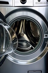 A close up of a washing machine with the door open. Perfect for showcasing modern appliances and household chores