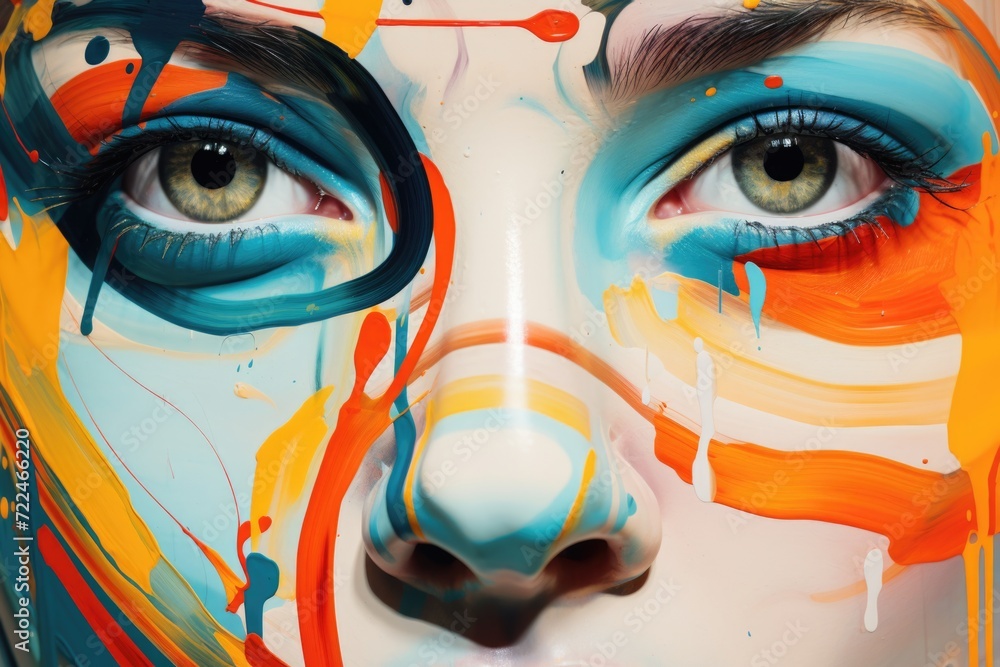 Poster close-up of a woman's face with vibrant and colorful paint. perfect for artistic projects or events