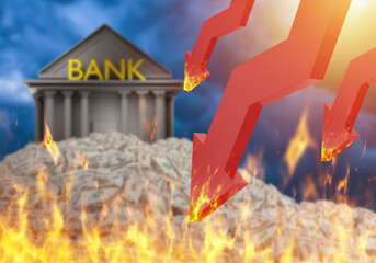 Collapse of bank system. Heap of money. Bank building in flame. Down arrows metaphor for crisis....