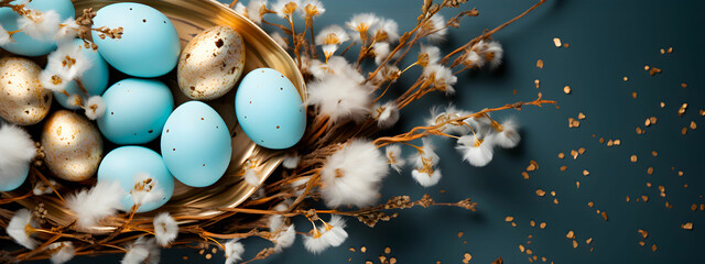 Banner gold and blue Easter eggs decorated with feathers and sparkles on a blue background