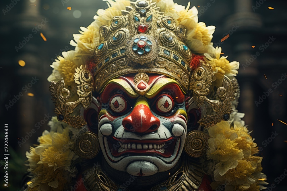 Poster A close-up view of a mask adorned with beautiful flowers. This image can be used for various creative projects