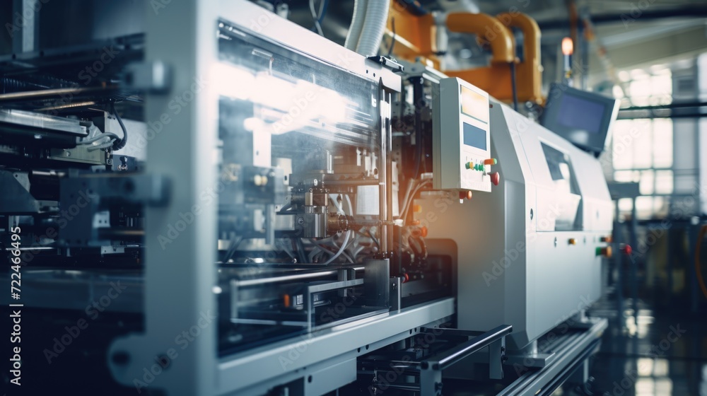 Poster a machine sitting in a factory. suitable for industrial themes and manufacturing concepts