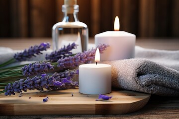 Obraz na płótnie Canvas A wooden cutting board with lit candles and vibrant lavender flowers. Perfect for creating a warm and relaxing atmosphere.