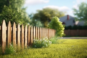 A wooden fence standing in the middle of a grassy field. This image can be used to depict rural landscapes or the concept of boundaries