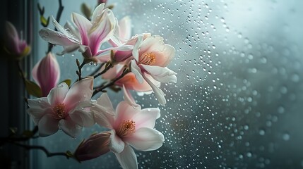 magnolias and flowers with mist in the window glass