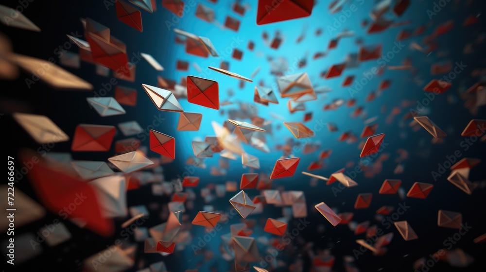 Poster a captivating image of a bunch of red and white envelopes flying in the air. perfect for various occ