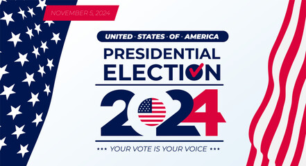US Election 2024 campaign with USA flag. 2024 presidential election banner design. USA presidential election 2024. Election voting banner, poster. Vote day, November 5. Template vector illustration. - obrazy, fototapety, plakaty