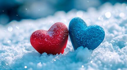 Obraz premium Poster or banner of two hearts sitting on the snow covered ground under light. Vibe of Valentine day and romantic