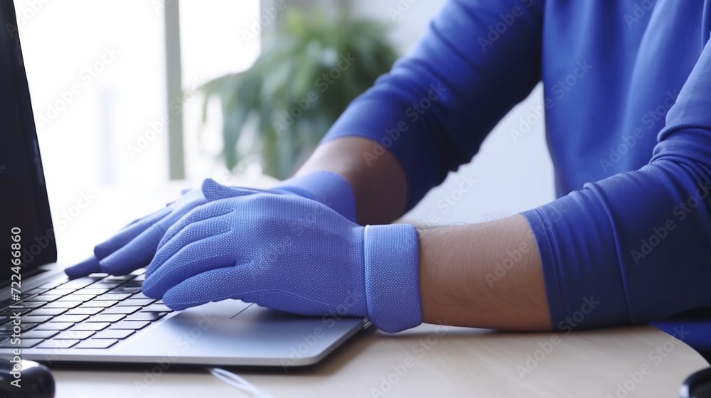 Poster a person wearing blue gloves is seen typing on a laptop. this image can be used to represent technol