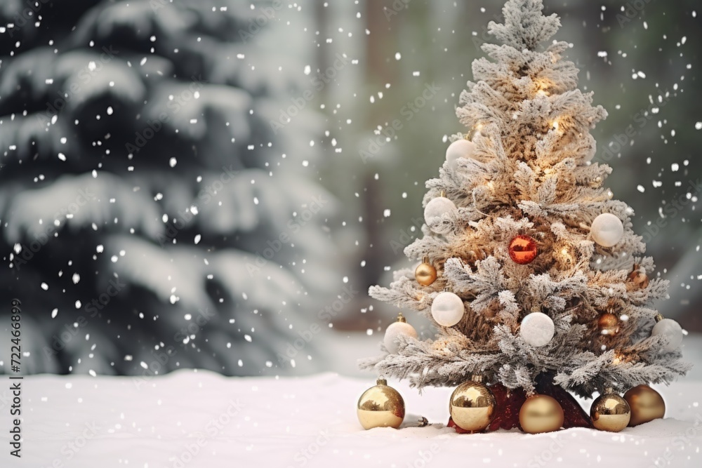 Poster a charming image of a small christmas tree adorned with ornaments, standing in the snow. perfect for