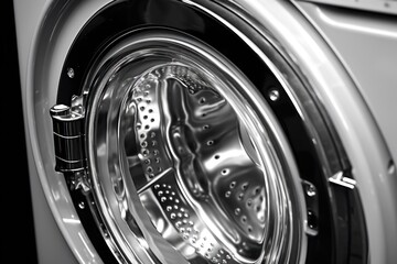 A black and white photo of a washing machine. Perfect for illustrating household chores and modern appliances