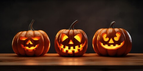 Three carved pumpkins sitting on top of a wooden table. Perfect for Halloween decorations or autumn-themed designs