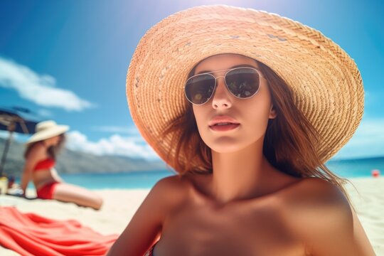 A woman is pictured wearing a hat and sunglasses on a beautiful beach. This image can be used to depict a relaxing vacation or a sunny day at the beach