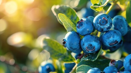  a close up of a bunch of blueberries on a bush with green leaves and sunlight shining through the leaves.