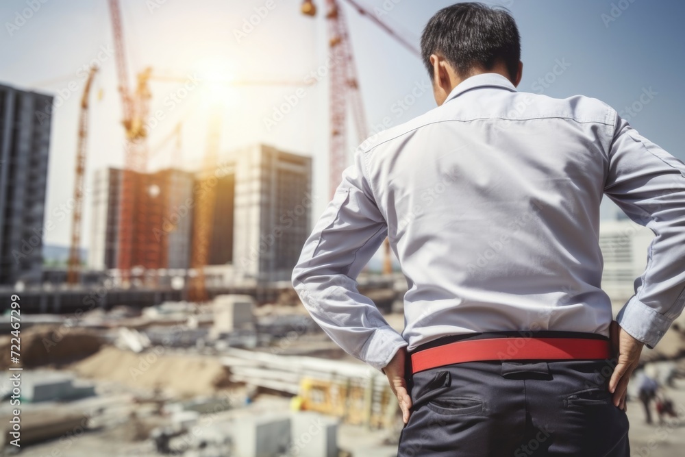 Poster a man standing in front of a construction site. suitable for illustrating construction projects or s