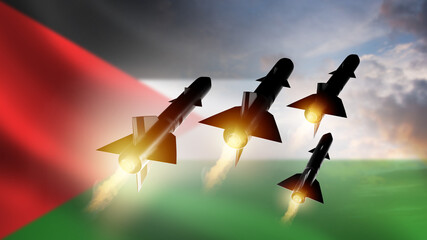 Military rockets near Palestine flag. Rocket attack on Palestine. War in gas sector concept. Palestine air defense missiles. Rockets strike Palestinian. Warheads in sky. War in Palestine. 3d image - obrazy, fototapety, plakaty