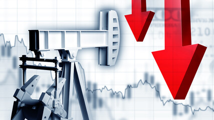 Falling oil prices. Reducing rate petroleum production. Oil derricks on white. Down arrows are...