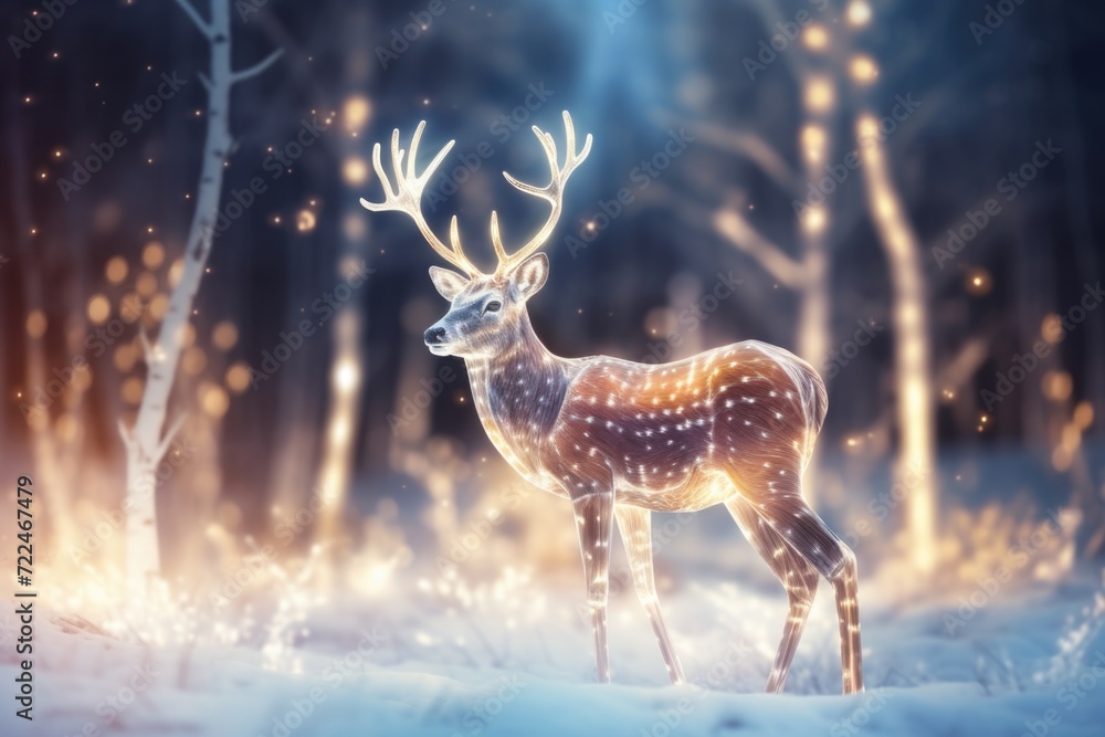 Poster A beautiful deer standing in the snow in a serene forest. Perfect for nature and wildlife themed projects