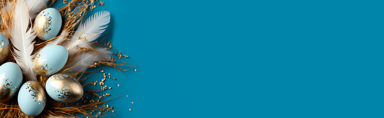 Banner gold and blue Easter eggs decorated with feathers and sparkles on a blue background