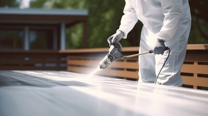A man in a white suit is spraying a roof. Suitable for construction, roofing, maintenance, and home improvement projects