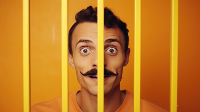 A picture of a man wearing a fake mustache while standing behind prison bars. This image can be used to represent deception, disguise, or imprisonment