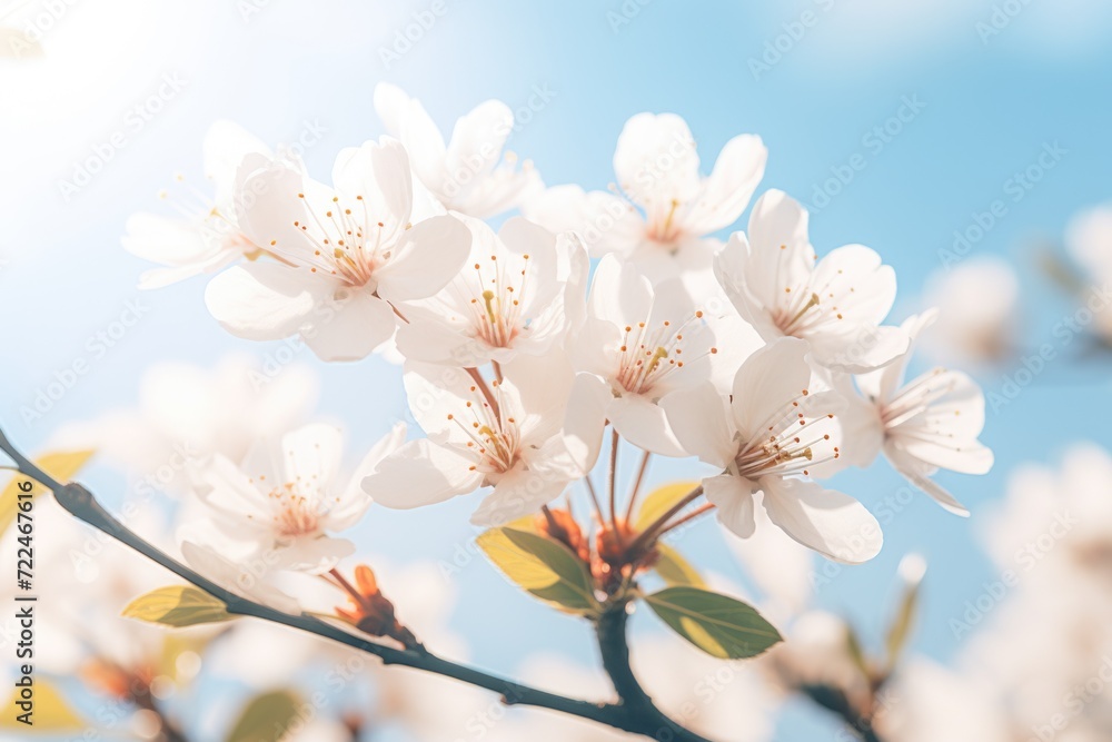Poster a bunch of white flowers on a tree. perfect for nature-themed designs and springtime concepts