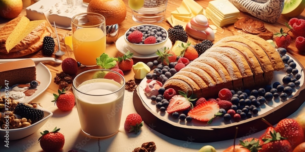 Poster A variety of different types of food arranged on a table. Suitable for food-related projects and presentations