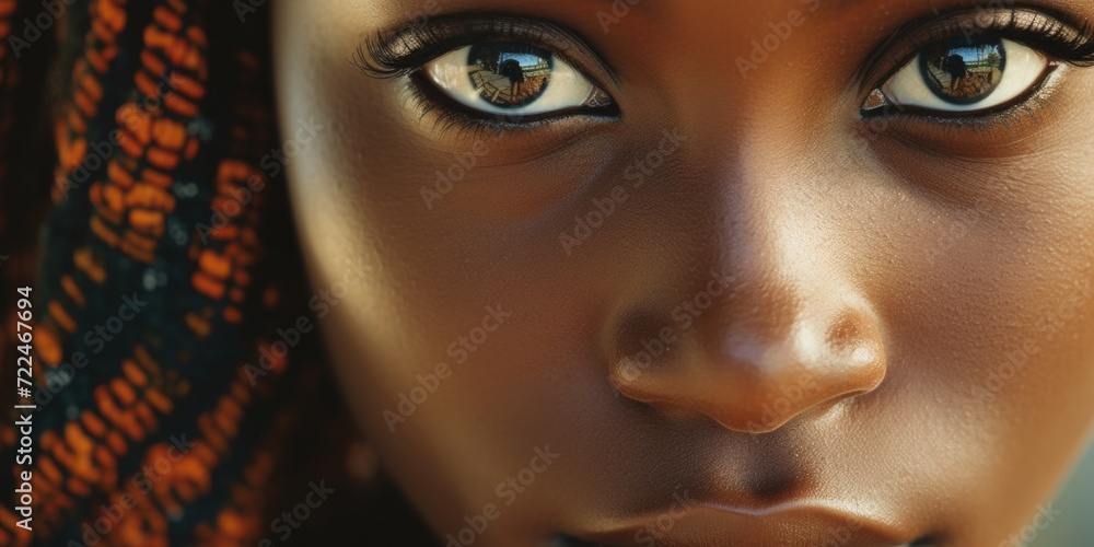 Poster A close up of a woman's face with striking blue eyes. Perfect for beauty or fashion-related projects