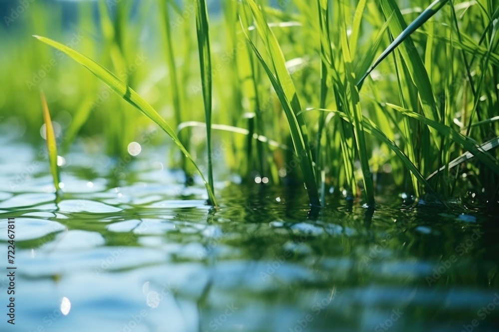 Poster A close-up view of a body of water with grass in the background. This image can be used to depict the serenity of nature or to symbolize tranquility in various design projects