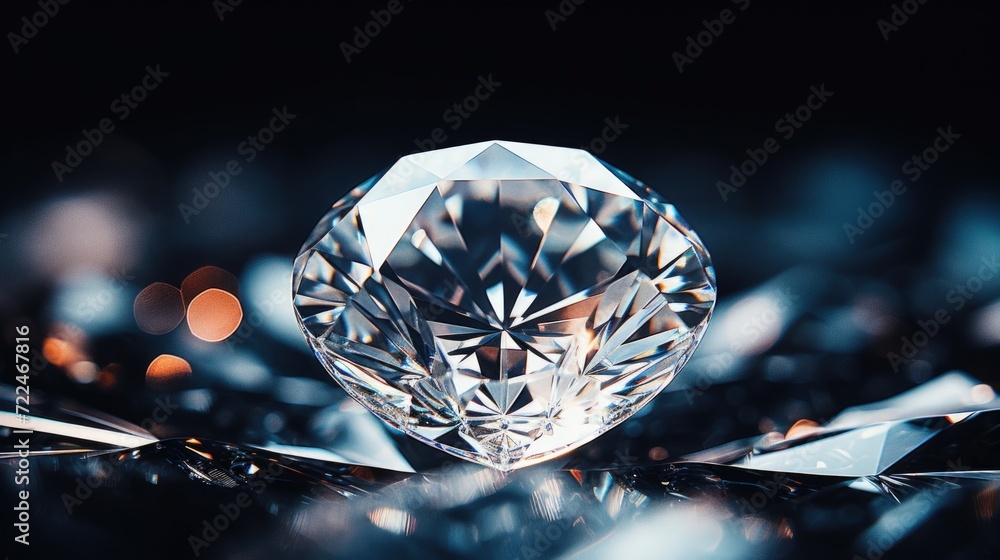 Poster a close-up view of a diamond resting on a table. suitable for jewelry and luxury-related concepts