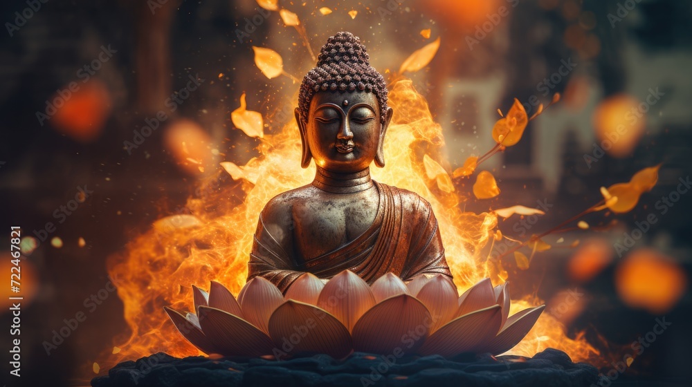 Poster a serene buddha statue sitting peacefully in front of a warm and glowing fire. perfect for adding a 