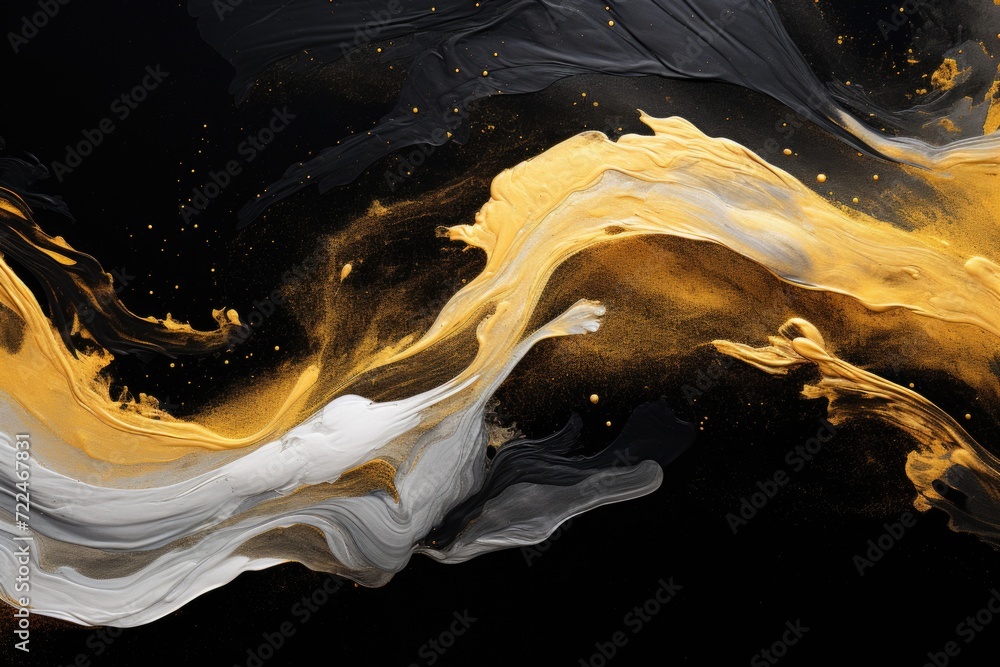 Poster a detailed view of a painting featuring black, white, and gold colors. this versatile image can be u