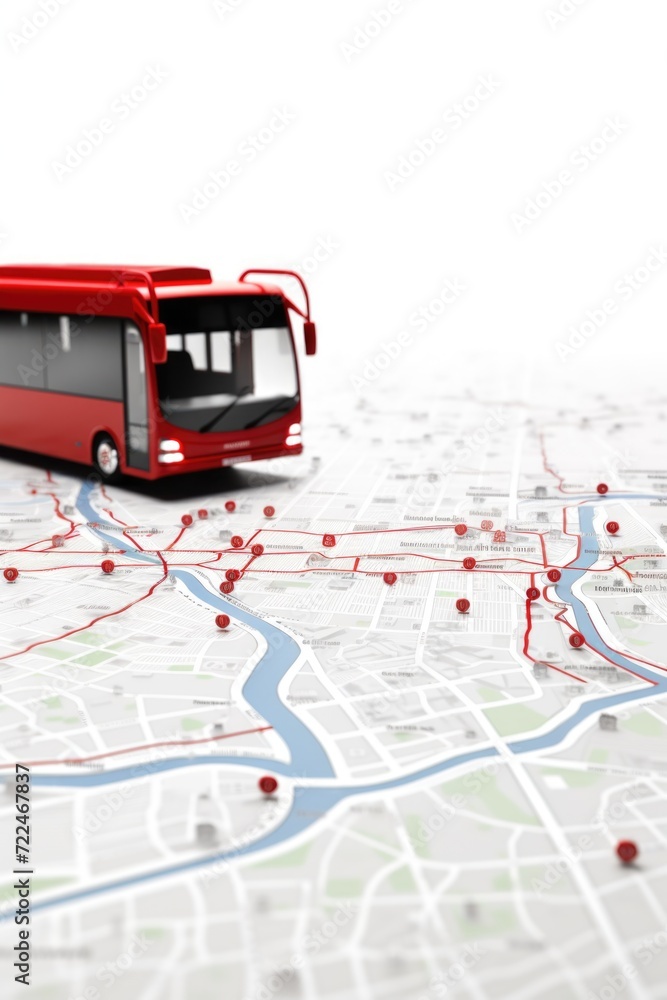 Poster A red bus is depicted on a map with pins marking various locations. This image can be used to illustrate travel, transportation, and exploration themes
