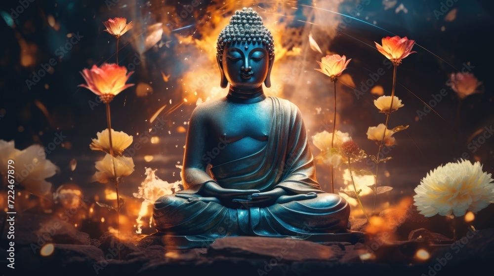 Poster buddha statue sitting peacefully in a vibrant field of flowers. perfect for adding a sense of tranqu
