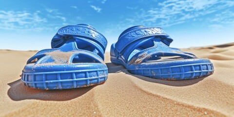 Blue sandals placed on a sandy beach. Perfect for a summer vacation or beach-themed designs
