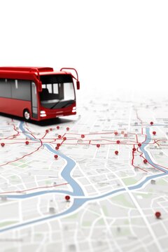 A red bus is depicted on a map with pins marking various locations. This image can be used to illustrate travel, transportation, and exploration themes