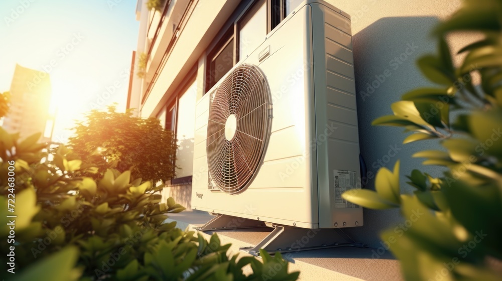 Poster an air conditioner sitting on the side of a building. can be used to illustrate cooling systems or e
