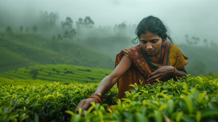 Indian woman picking turmeric by hand