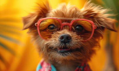  fashionable small dog with pink glasses, enjoying summer vibe 