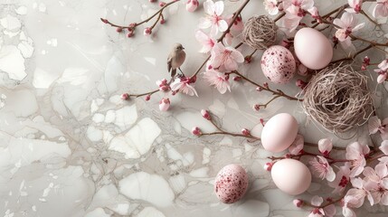 Fototapeta na wymiar Easter pastel eggs with flowers and willow in a nest on a marble table