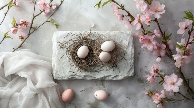 Easter pastel eggs with flowers and willow in a nest on a marble table