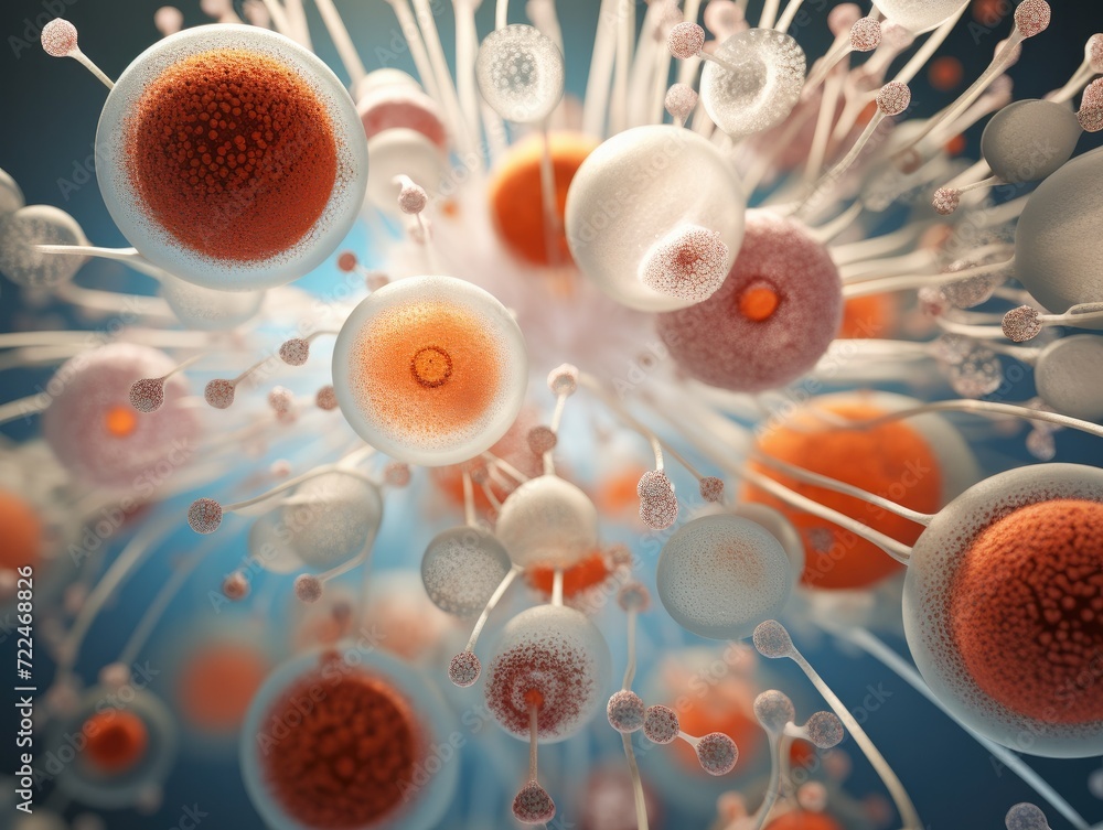 Poster a close up of a cell with many different types of cells. generative ai.
