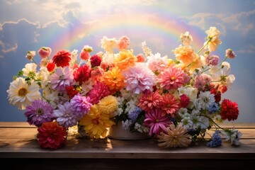 A vase filled with flowers and a rainbow in the sky. Generative AI.