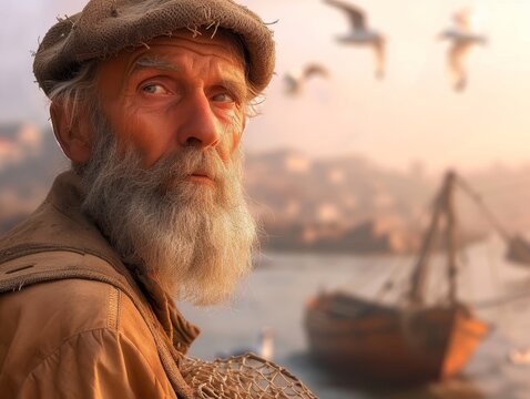 A bearded elderly fisherman is mending his net. Chapped skin. Steely eyes. Coastal village. Dawn. Fishing boats bob in the harbor. 