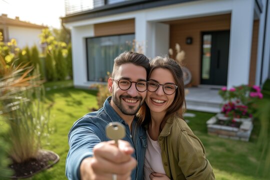 Happy young couple holding their home keys looking at the camera at their house front yard	